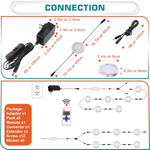 Under Cabinet LED Puck Lights, Remote, AC120V, Black, 6 Lights, Daylight - color: 6 Lights, Daylight