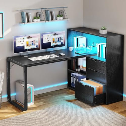 YITAHOME L Shaped LED Desk with Power Outlets & File Cabinet, Black - color: Black