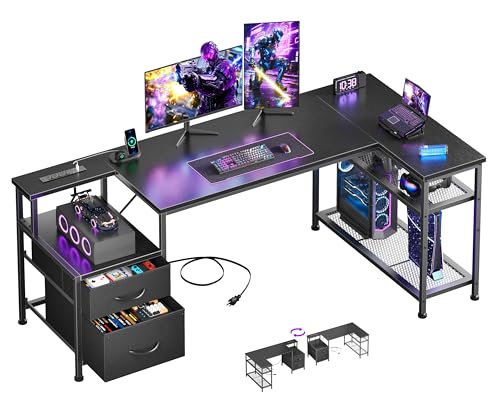 Korfile 57 Inch L Shaped Gaming Desk with Power Outlets and Type-C Port, Reversible Computer Office Desk with 2 Fabric Drawers & Mesh Shelves, Corner Desk for Study Work Writing Desk, Black - color: Black, size: 57 Inch