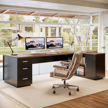 Tribesigns 85.8-Inch L-Shaped Executive Desk, Natural & Black - color: Natural & Black