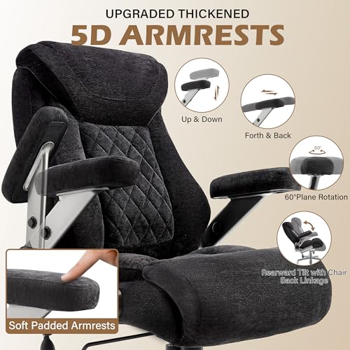 Fabric 700lbs Big and Tall Office Chair, Ergonomic Heavy Duty Executive Cloth Office Chair with 5D Flip Arms & Adjustable Lumbar Support & Dual Rubber Wheel, Large Thick Padded Extra Wide Seat, Black - color: Blackcloth