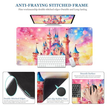 Desk Pad Castle XXL Large Gaming Mouse Pad Fairy Girly Desk Mat 31.5×15.7" - color: Fairytale Castle, size: 31.5L x 15.7W inches