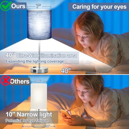 Set of 2 Touch Control Table Lamps with 2 USB & AC Outlet, 3-Way Dimmable Bedside Nightstand Lamps for Bedroom Living Room Nursery, 800 Lumens 5000K Daylight Bulbs Included - color: Navy Blue & Brushed Nickel