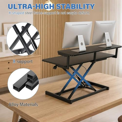 37" Height Adjustable Standing Desk Converter, 4.9" to18.5 Height Adjustable Sit Stand Up Desk Riser with Secondary Desks, Desktop Workstation Riser for Home Office Computer Laptop, Black - color: Black