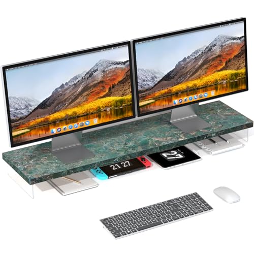 Dual Monitor Stand Riser, 40x10 in Wood & Acrylic Desktop Organizer Shelf - color: Emerald Blue Stone, size: 40*10 Inch