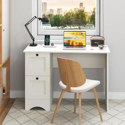 Giantex Computer Desk with 2 Drawers, 43” Wooden Home Office Desk with Charging Station, Compact Study Writing Desk, Modern Laptop PC Desk Computer Workstation for Bedroom, Living Room (White) - color: White