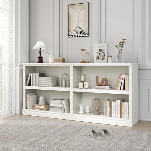64" W Double Wide Horizontal Bookshelf, 2 Tiers 4 Storage Cube Book Case | Open Shelf Bookcase, Display Cabinet Organizer Indoor Furniture, Home Library Office, White, Adjustable Shelf - color: White, size: Double 2-tier 4-cube