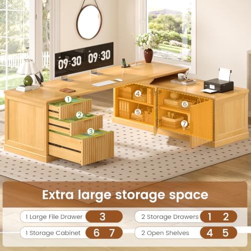 SEDETA Fluted 70.9" L Shaped Desk with Drawers, Fluted Oak - color: Fluted Oak, size: 70.9" L Shaped Desk
