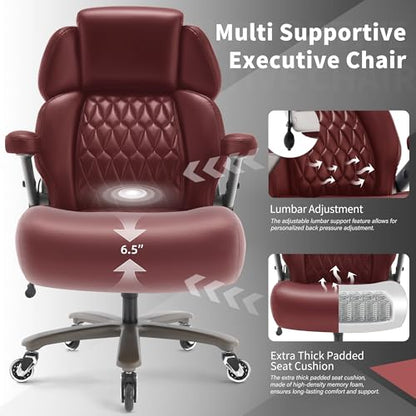 Big and Tall Office Chair 700lbs, Ergonomic High Back Computer Desk Chair | Adjustable Headrest&Lumbar Support, 3D Flip Arms, Large Wheels, Heavy Duty Metal Base, Thick Padded Wide Seat Executive Chair - color: Burgundy