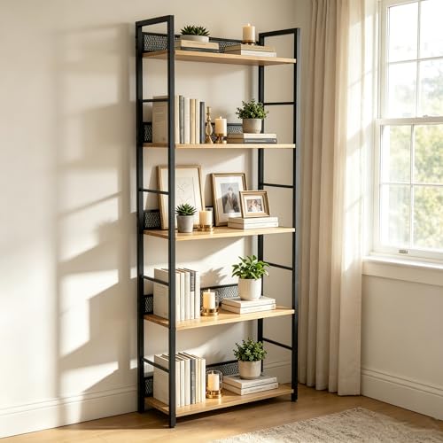 IDEALHOUSE 5 Tier Bookshelf，Tall Narrow Bookcase with Metal Guard Panels, Industrial Wood and Metal Display Shelf, Freestanding Storage Rack for Bedroom, Living Room, Home Office， Rustic Brown - color: Black, size: 5