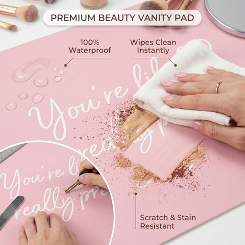 DOUDIZHU Makeup Mat for Vanity, Dual-Sided Vanity Top Protector Mat Waterproof Dressing Desk Makeup Table Cover Mat You're Like Really Pretty (Baby Pink/Silver, 23.6"x11.8") - color: You're Like Really Pretty (23.6"*11.8")