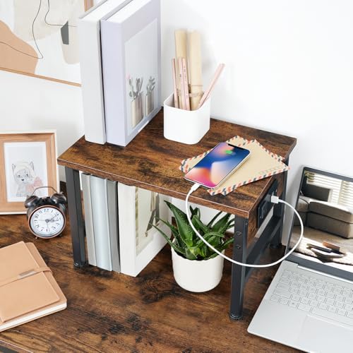 HOOBRO Printer Stand for Desk, Desktop Printer Stand with Charging Station, Small Printer Table with Storage Hook, Under Desk Printer Cart, File Rack for Home Office BF01UPS01 - color: Rustic Brown + Black