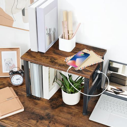 HOOBRO Printer Stand for Desk, Desktop Printer Stand with Charging Station, Small Printer Table with Storage Hook, Under Desk Printer Cart, File Rack for Home Office BF01UPS01 - color: Rustic Brown + Black
