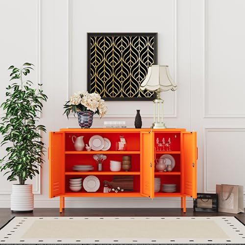 Metal Storage Cabinet with Lock and Adjustable Shelves, Freestanding Pantry Cabinet, Durable Metal 3-Door Storage Sideboard for Home Office Kitchen Orange 32" H X 47.3" W X 13.8" D - color: Orange, style: 32"H-Cabinet-TH