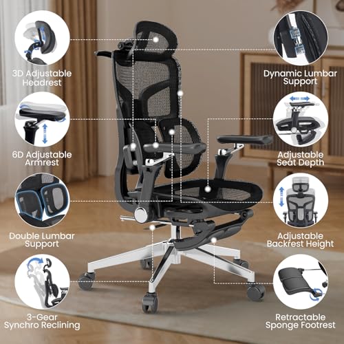MOJAY Ergonomic Office Chair with Footrest, Big and Tall Desk Chair with Lumbar Support, High Back Home Desk Chair for Long Desk Work, Swivel Rolling Computer Seating with 6D Armrest for Home Office