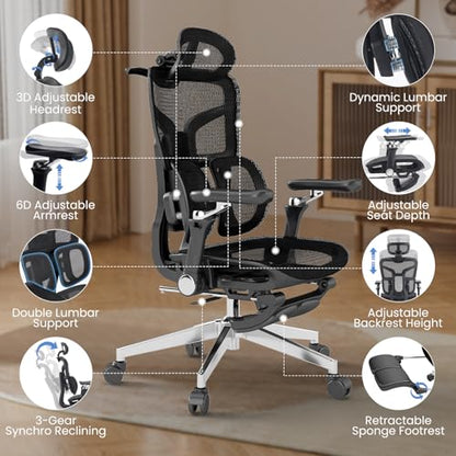 MOJAY Ergonomic Office Chair with Footrest, Big and Tall Desk Chair with Lumbar Support, High Back Home Desk Chair for Long Desk Work, Swivel Rolling Computer Seating with 6D Armrest for Home Office