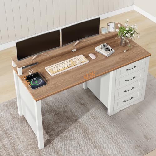 Vabches 47" Farmhouse Executive Desk with 4 Drawers,LED Lights,Unique White - color: Unique White, size: 4 Drawers & Monitor Stand