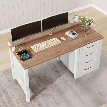 Vabches 47" Farmhouse Executive Desk with 4 Drawers,LED Lights,Unique White - color: Unique White, size: 4 Drawers & Monitor Stand