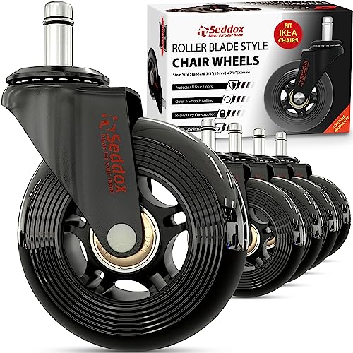 Office Chair Wheels Replacement Set 10mm (3/8" x 7/8") Stem - Fits IKEA Chairs ONLY - Soft Desk Chair Casters for Wood Floors & Carpet - Heavy Duty & Safe for All Floors Without Any Chair Mats