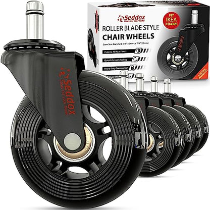 Office Chair Wheels Replacement Set 10mm (3/8" x 7/8") Stem - Fits IKEA Chairs ONLY - Soft Desk Chair Casters for Wood Floors & Carpet - Heavy Duty & Safe for All Floors Without Any Chair Mats