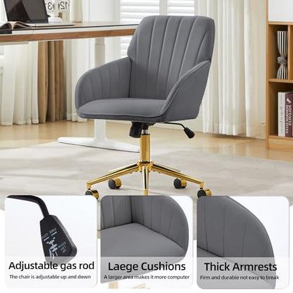 YITAI Velvet Office Desk Chair with Wheels and Gold Base,Modern Height Adjustable 360 Degree Swivel Upholstered Vanity Chairs with Arms for Living Room Bedroom, Study,Gray - color: Gold Gray