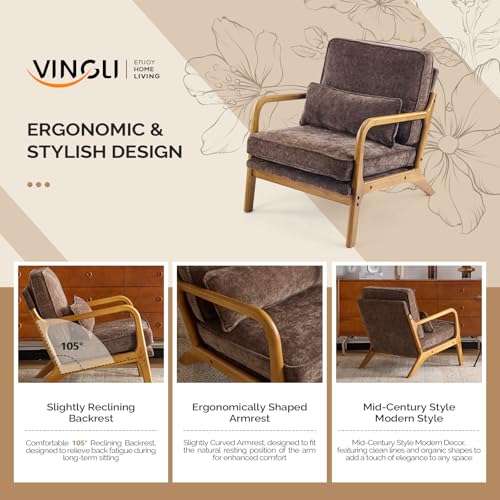 VINGLI Chenille Mid-Century Modern Accent Chair Set of 2, Cute Reading Arm Chair with Cushion & Lumbar Pillow & Solid Wood Frame for Lounge, Living Room, Reading Room, Bedroom, Espresso - color: Espresso