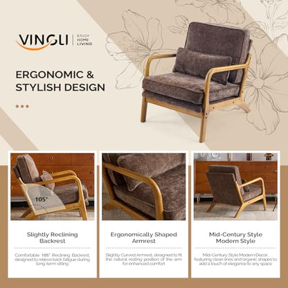 VINGLI Chenille Mid-Century Modern Accent Chair Set of 2, Cute Reading Arm Chair with Cushion & Lumbar Pillow & Solid Wood Frame for Lounge, Living Room, Reading Room, Bedroom, Espresso - color: Espresso