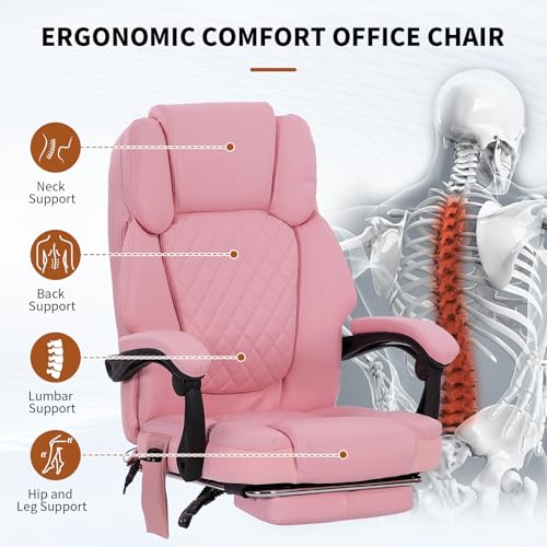Massage Office Chair with Heat 6 Vibration Points,High Back & Heat, Executive Desk Chair,Big and Tall Office Chair 400lbs, Comfortable Ergonomic Reclining Managerial Chair, PU Leather Pink