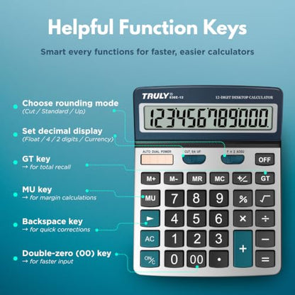 TRULY 12-Digit Desktop Calculator, 5.3-Inch Easy-to-Read Display, Big Concave Buttons, Brushed Metal Finish, Dual Power, Business Calculator for Office, School & Home, 896E - style: 896E