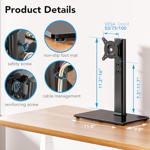 AX WABER Single Monitor Desk Stand Free-Standing Desk Mount Arm Riser for 13 inch to 32 inch Screen Freestanding VESA Mount Base, Adjustable Height, Tilt, Swivel, Rotation, Black AX05TB01 - size: Single monitor stand