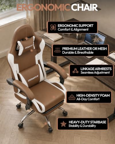 Dowinx Ergonomic Gaming Chair with Footrest & Massage Lumbar, 2D-Linkage Armrests for Computer Chair 330lbs with Headrest Pillow for Office, Home, Streaming and Long Gaming Sessions, Fabric Brown - color: Brown