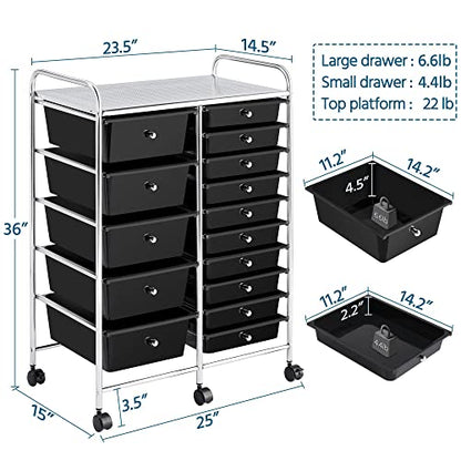 Yaheetech 15-Drawer Rolling Storage Cart on Wheels, Craft Organizer, Black - color: Black, style: 15 Drawers