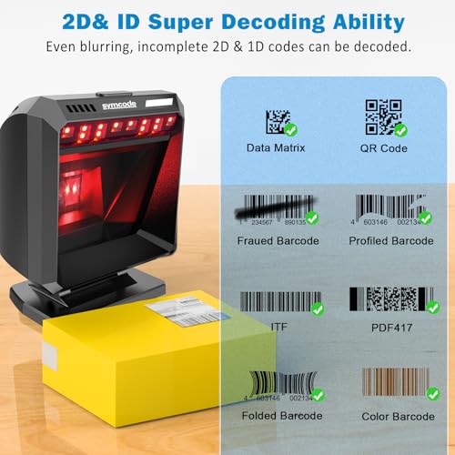 Symcode Automatic Omnidirectional Desktop 2D QR Barcode Scanner, Hands-Free USB Wired Barcode Reader, 1D 2D Bar Code Image Sensing for Warehouse, Supermarket, Retail Store, Bookstore