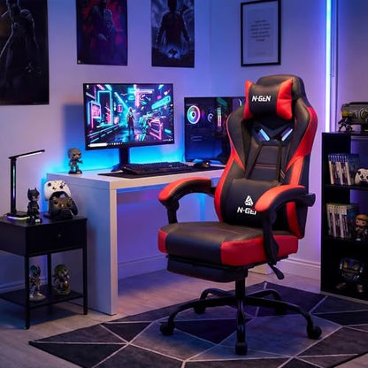 N-GEN GAMING Gaming Chair Big and Tall Computer Heavy Duty Office Desk Chair with Footrest Ergonomic Lumbar Support High Back Recliner for Adults (Red) - color: Red