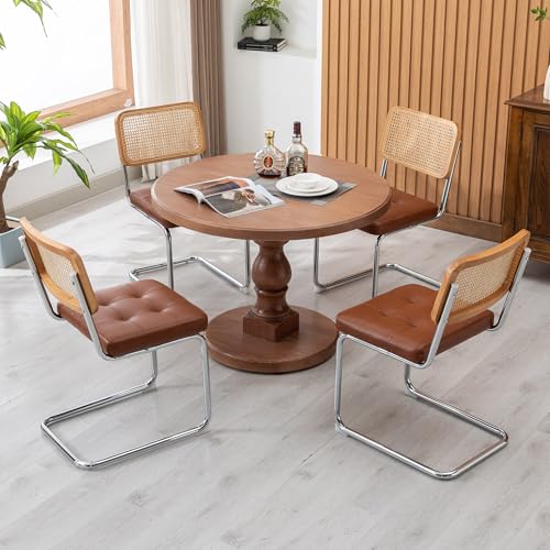 KCC Modern Dining Chairs Set of 4, Faux Leather Rattan Chair,Brown | Mid Century Kitchen Side Chairs with Metal Legs and Upholstered Seat for Dining Room,Living Room,Bedroom - color: Brown, size: Set of 4