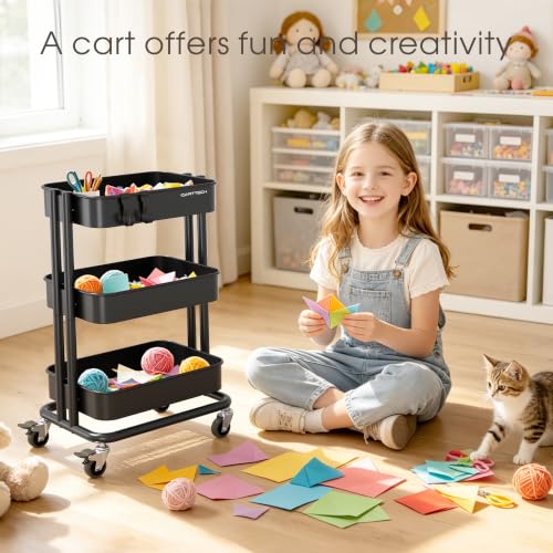 3 Tier Rolling Cart Metal Utility Cart with Lockable Wheels Home Office - color: Black, size: Small