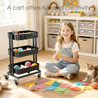 3 Tier Rolling Cart Metal Utility Cart with Lockable Wheels Home Office - color: Black, size: Small
