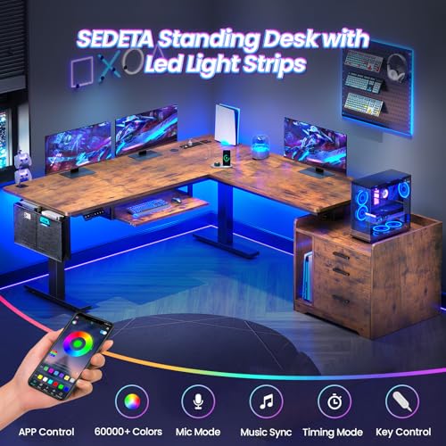 SEDETA L Shaped Electric Standing Desk with File Cabinet, 63 x 53'' Height Adjustable Home Office Computer Desk with 3 Drawers, Power Outlet, Stand up Gaming Table with Led Lights, Rustic Brown - color: Rustic Brown, size: 63 x 53'' L Shaped Standing Desk