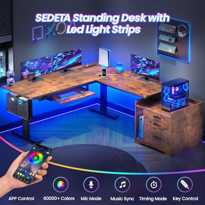 SEDETA L Shaped Electric Standing Desk with File Cabinet, 63 x 53'' Height Adjustable Home Office Computer Desk with 3 Drawers, Power Outlet, Stand up Gaming Table with Led Lights, Rustic Brown - color: Rustic Brown, size: 63 x 53'' L Shaped Standing Desk