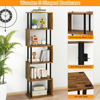 IBUYKE 6-Tier Tall Bookshelf,S-Shaped Geometric Bookcase,Brown WBC016H - color: Rustic Brown, size: 6 Tier