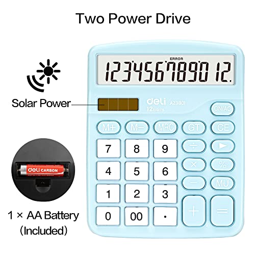 Calculator, Deli Standard Function Desktop Calculators with 12 Digit Large LCD Display and Sensitive Button, Solar Battery Dual Power Office Calculator, Blue - color: Blue