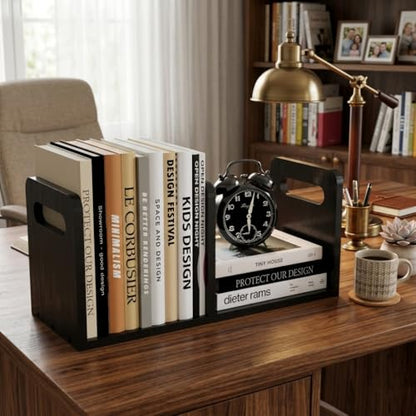 100% Solid Wood Adjustable Desktop Bookshelf with Movable Divider, Retro Tabletop Bookshelf with Convenient Handle Design for Living Room, Home, Office, Perfect for Magazine Book (Black) - color: Black