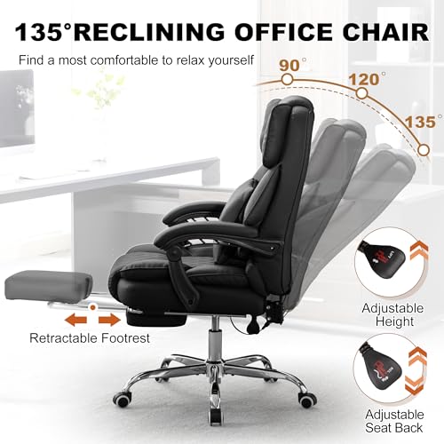 Kneading Massage Office Chair with Heated,90-135° Reclining Executive Office Chair with Footrest,Computer Desk Chair with Wheels,Diamond-Stitched Cushion Leather Office Chair (Black) - color: Black