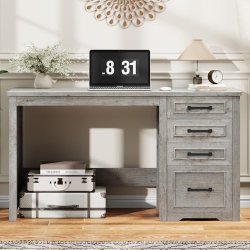 Vabches Farmhouse 49” Executive Desk with File Drawer, Grey | 4 Drawers Reversible Computer Desk with Storage, Rustic Home Writing Workstation for Home Office - color: 49in Grey