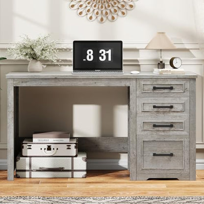 Vabches Farmhouse 49” Executive Desk with File Drawer, Grey | 4 Drawers Reversible Computer Desk with Storage, Rustic Home Writing Workstation for Home Office - color: 49in Grey