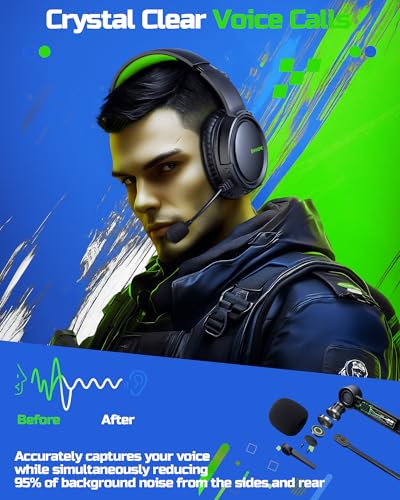 BINNUNE Wireless Gaming Headset — 2.4GHz Low-Latency USB Dongle + Bluetooth, 50mm Drivers 7.1 Surround, Noise-Cancelling Mic, 40H Battery — Over Ear Wireless Headphones for PS5, PC, Laptop, Green - color: Green