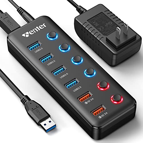 Powered USB Hub, Wenter 6-Port USB 3.0 Hub Splitter (4 USB 3.0 Data Ports + 2 QC 3.0 Fast Charging Ports) with Individual LED On/Off Switches, USB Hub 3.0 Powered with 36W AC Adapter for Mac, PC - size: 4 USB 3.0 Ports + ２Fast Charging ports