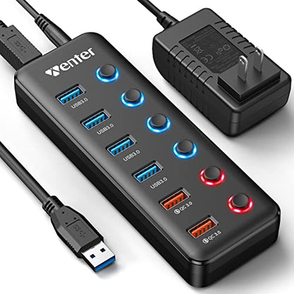 Powered USB Hub, Wenter 6-Port USB 3.0 Hub Splitter (4 USB 3.0 Data Ports + 2 QC 3.0 Fast Charging Ports) with Individual LED On/Off Switches, USB Hub 3.0 Powered with 36W AC Adapter for Mac, PC - size: 4 USB 3.0 Ports + ２Fast Charging ports