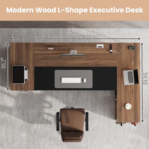 78" Executive Desk with Lockable File Cabinet, L Shaped Office Desk with Power Outlets, Large Executive Desk with Drawers and Storage Shelves , Reversible Computer Desk with Privacy Screen, Walnut - color: Walnut