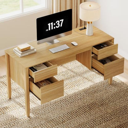 WAMPAT Fluted Executive Desk with Drawers, 58" Modern Home Office Computer Desk with Charging Station, Storage Shelves, Wood Writing Study Desk for Work, Study, Writing, Oak - color: Oak